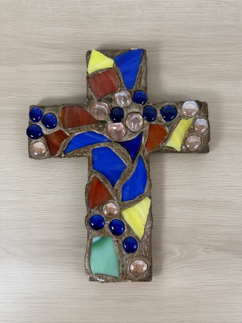 Stained Glass Mosaic Cross Wall Art, Handmade Folk Art, Boho Wall Hanging
